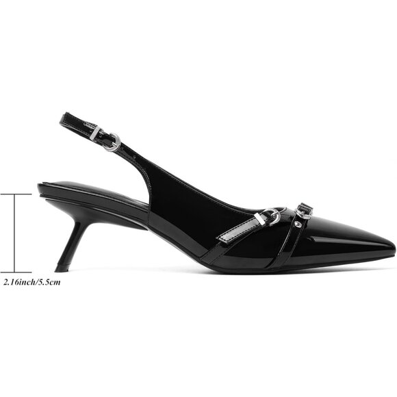 Black Pointed Toe Pumps Leather Low Heel Slingback Heels with Buckle Dress Shoe - Picture 2 of 9
